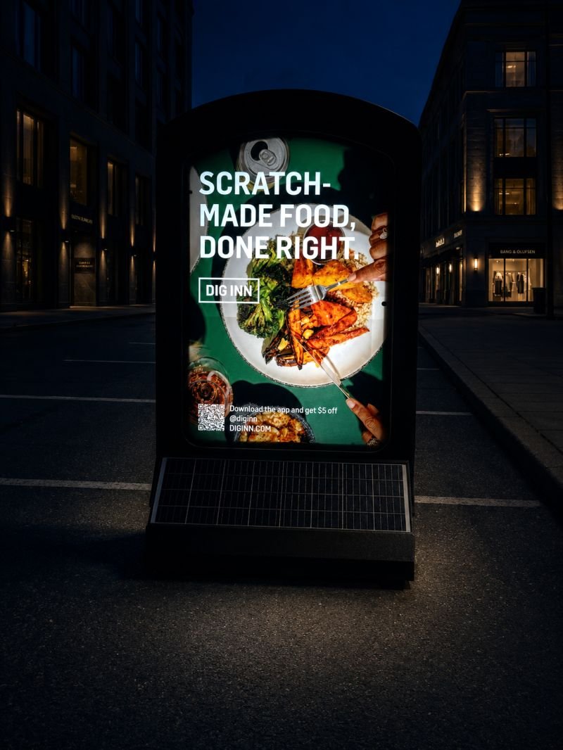 Illuminated sign advertising a restaurant brand at night on a city street